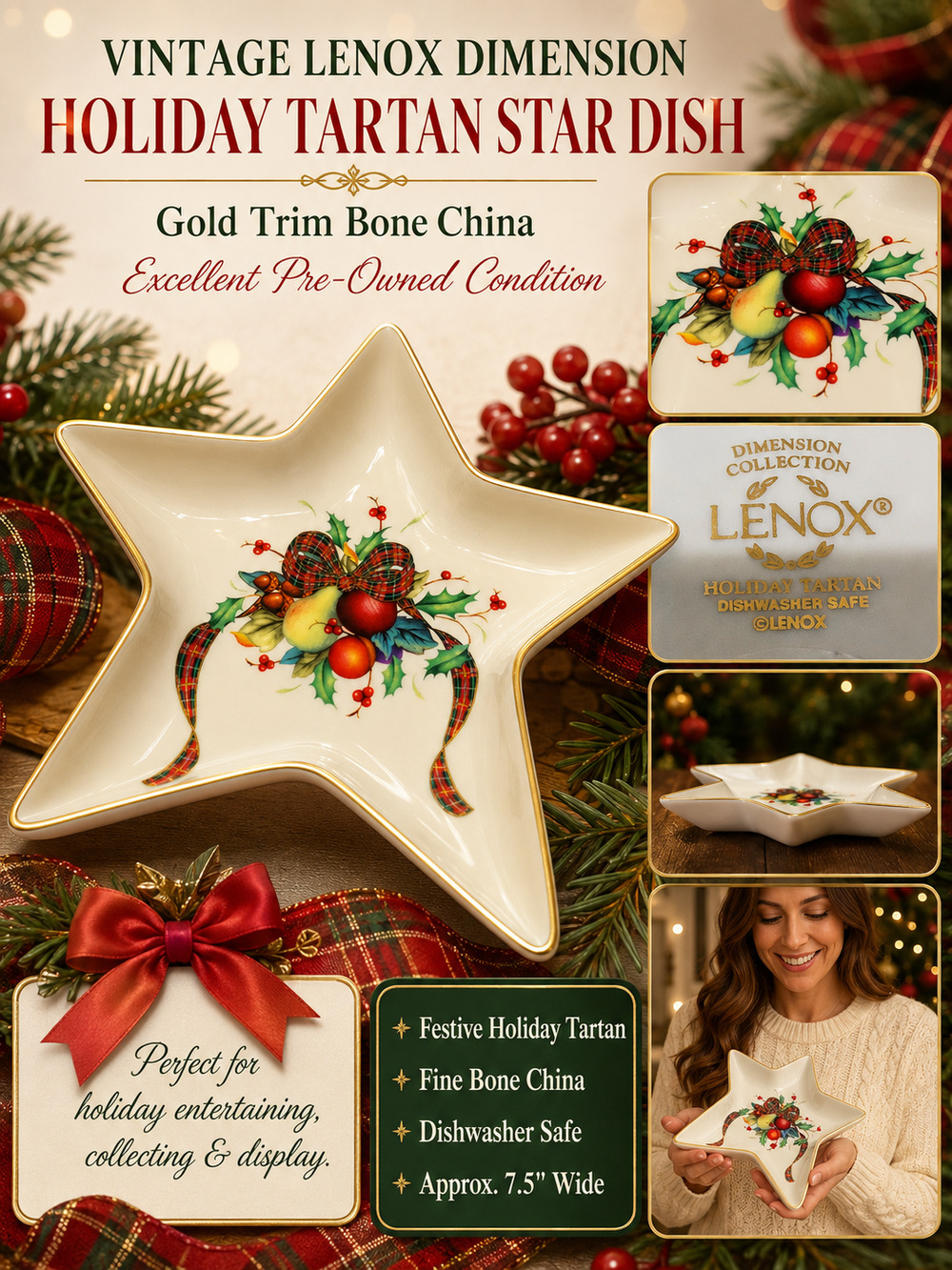Vintage Lenox Dimension Holiday Tartan Star Dish Gold Trim Bone China EUC